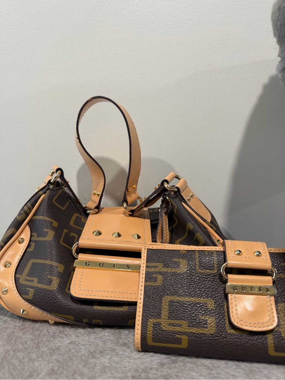 GUESS brown monogram handbag and matching wallet